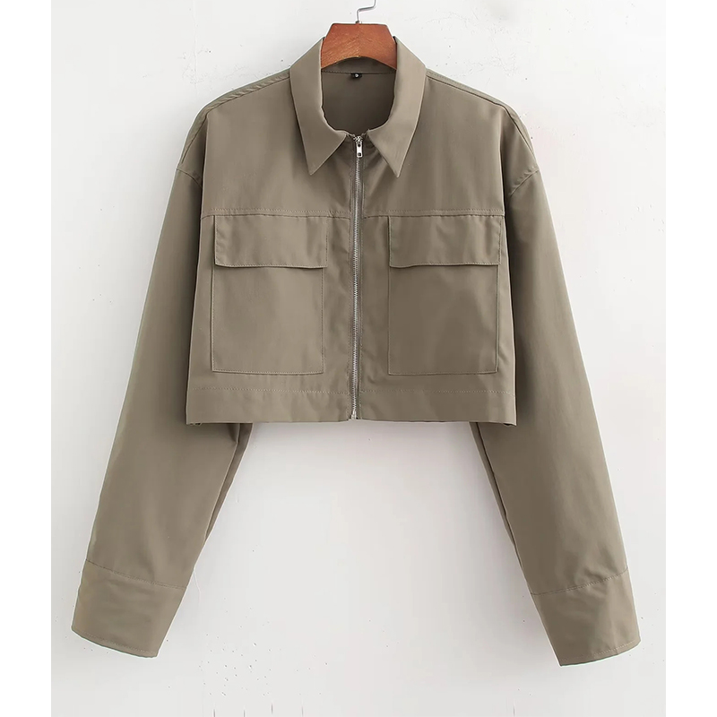 Fashion Armygreen Polyester Lapel Zipped Jacket