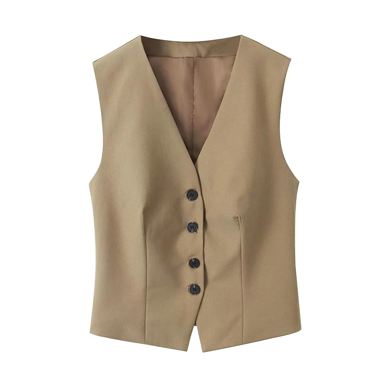 Fashion Khaki Polyester Buttoned Vest Jacket