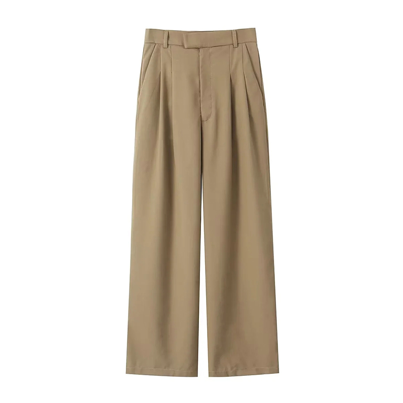 Fashion Khaki Polyester Pleated Trousers