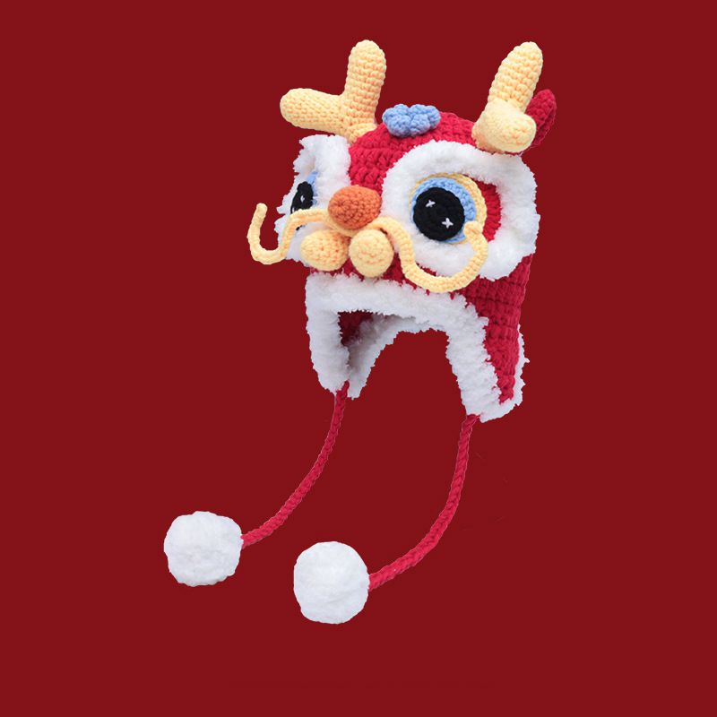 Fashion Year Of The Dragon Red Kid (recommended For 2-5 Years Old) Polyester Lion Knitted Ear Protection Hat