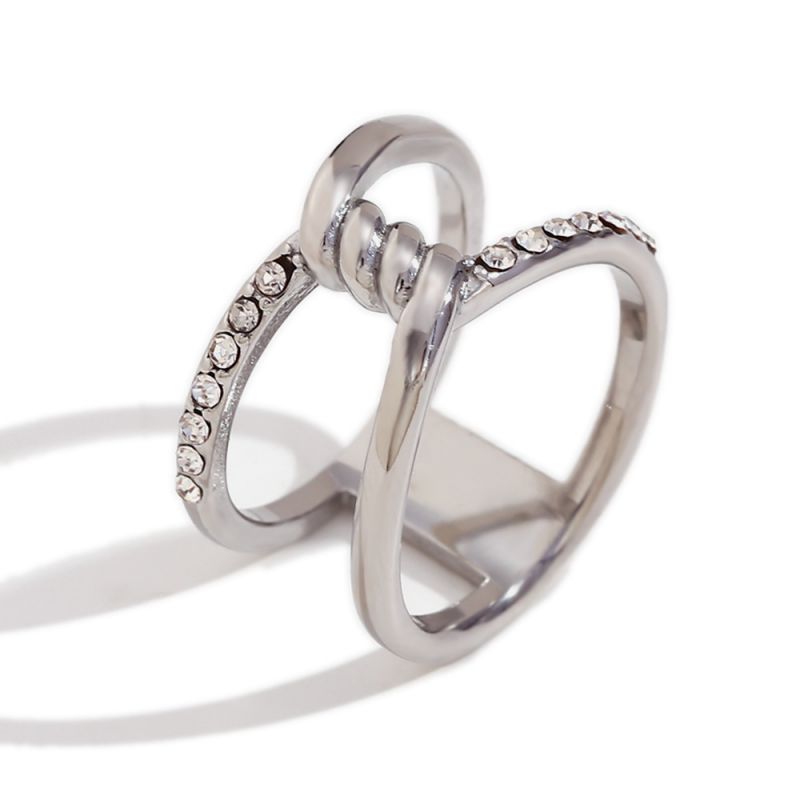 Fashion Silver Gold-plated Titanium Steel Double-layer Hollow Wire-wound Ring Set With Diamonds