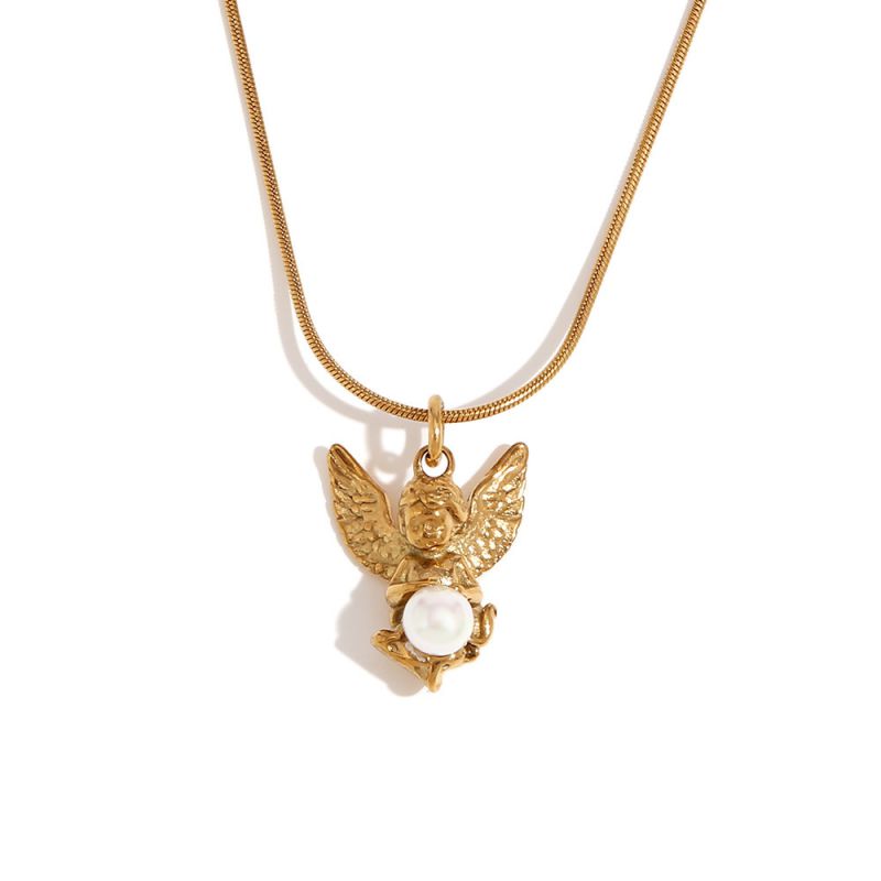 Fashion Necklace Titanium Steel Gold Plated Pearl Angel Necklace