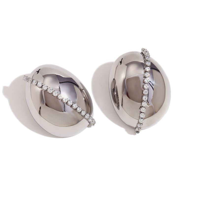 Fashion Silver Stainless Steel Gold-plated Zirconium Oval Stud Earrings