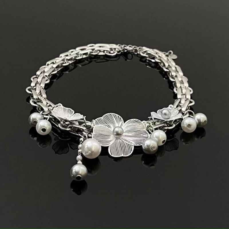 Fashion Silver Alloy Pearl Flower Blossom Necklace