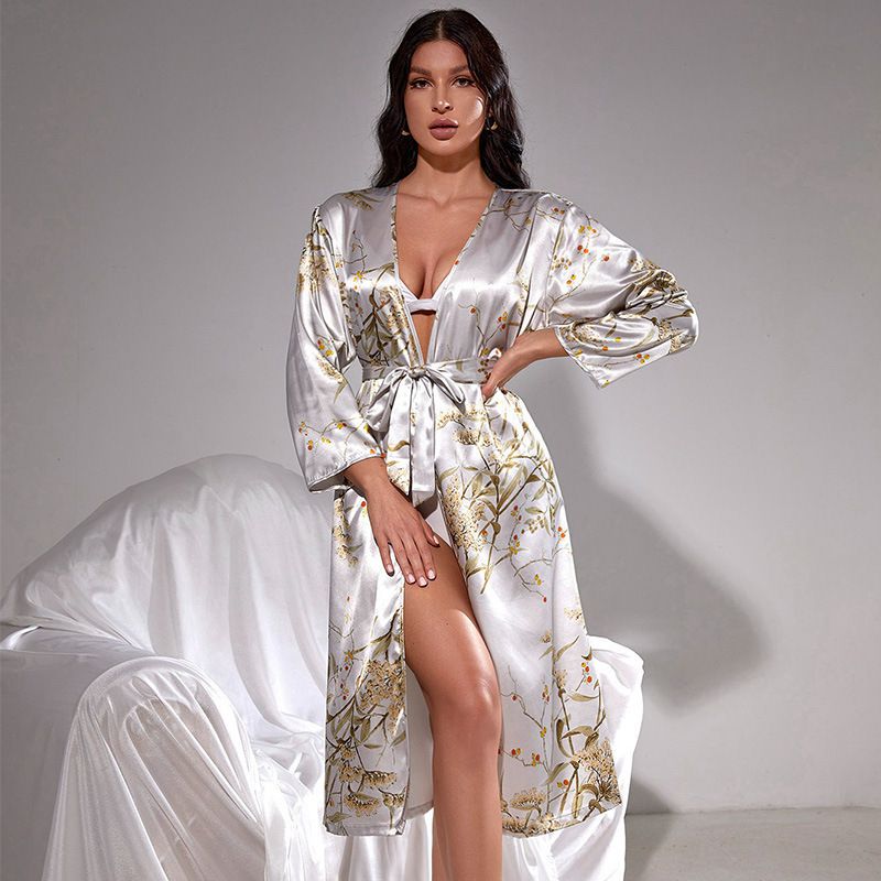 Fashion Gray Cherry Polyester Printed Long -sleeved Robe