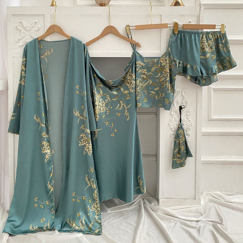 Fashion Green Cherry Polyester Print Suspender Shirt Shorts Shorts Sleeping Robe Set