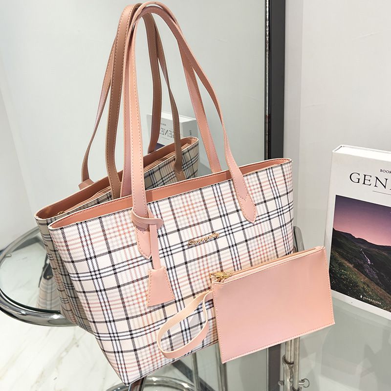 Fashion Pink Pu Plaid Large Capacity Shoulder Bag