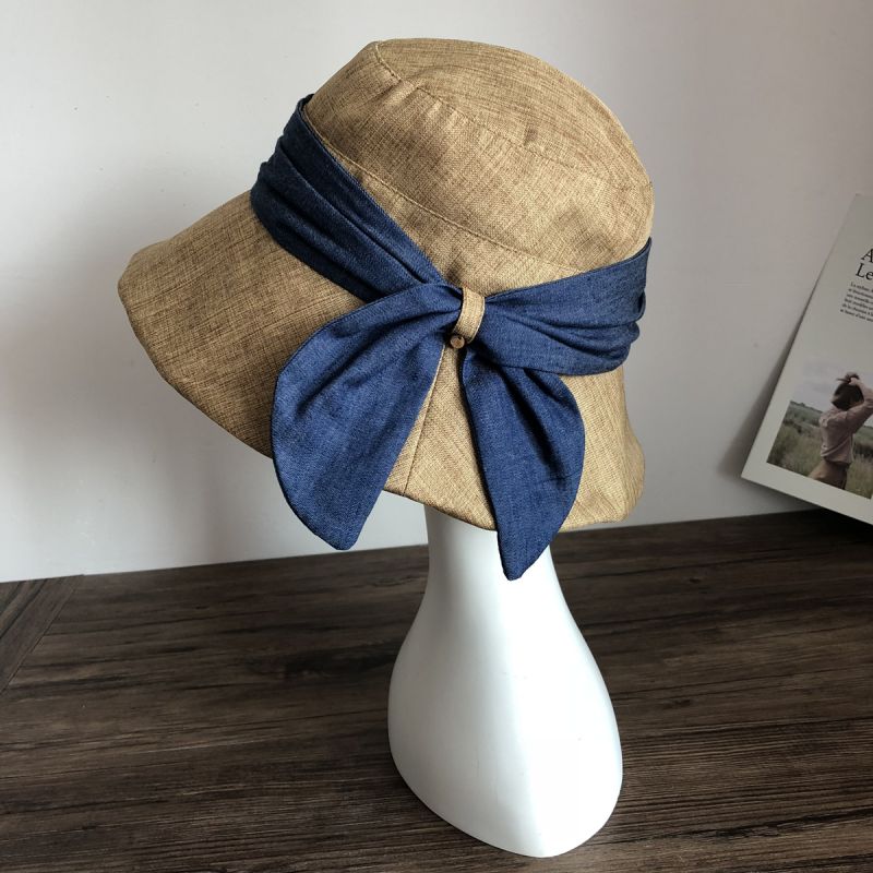 Fashion Khaki Cotton Bow Large Brim Bucket Hat