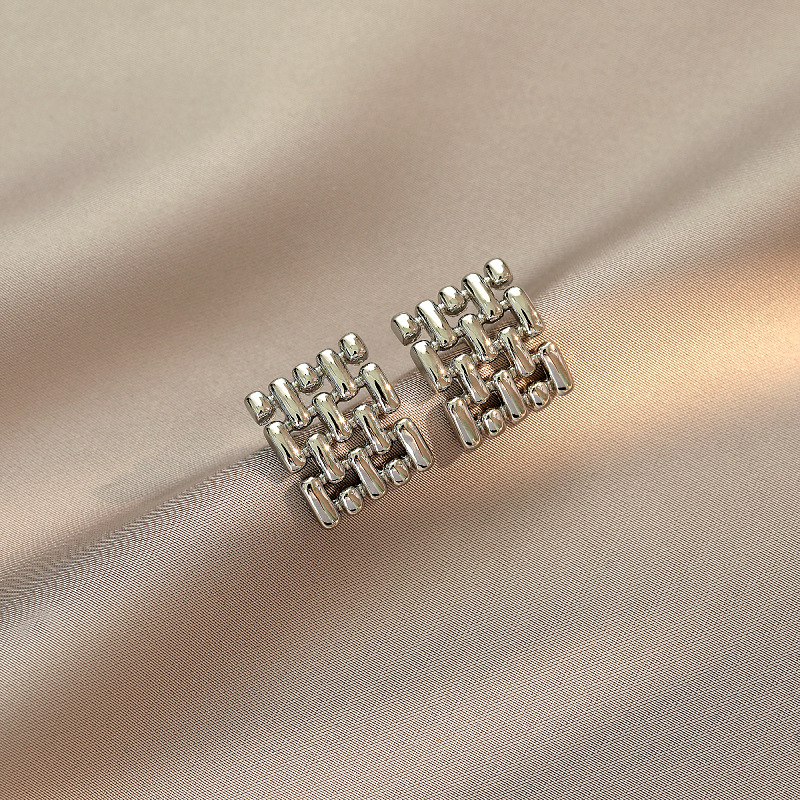 Fashion Silver Braided Metal Square Stud Earrings