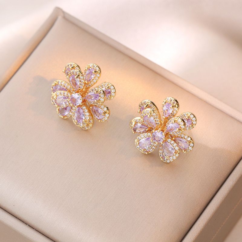 Fashion Purple Zircon Earrings Copper Diamond Flower Stud Earrings