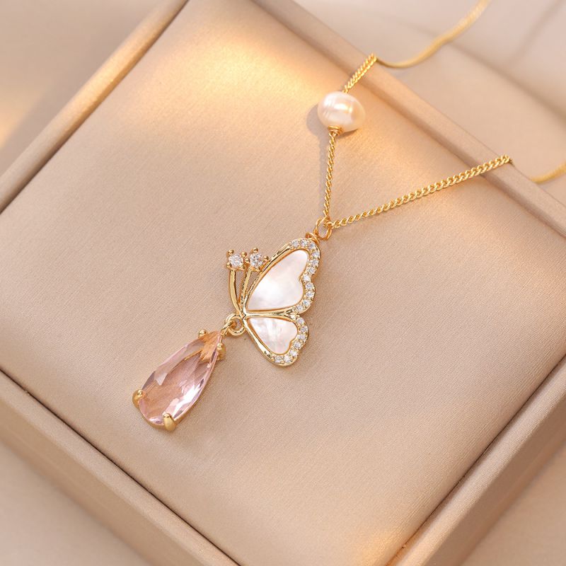 Fashion Gold Titanium Steel Diamond Butterfly Drop Diamond Necklace