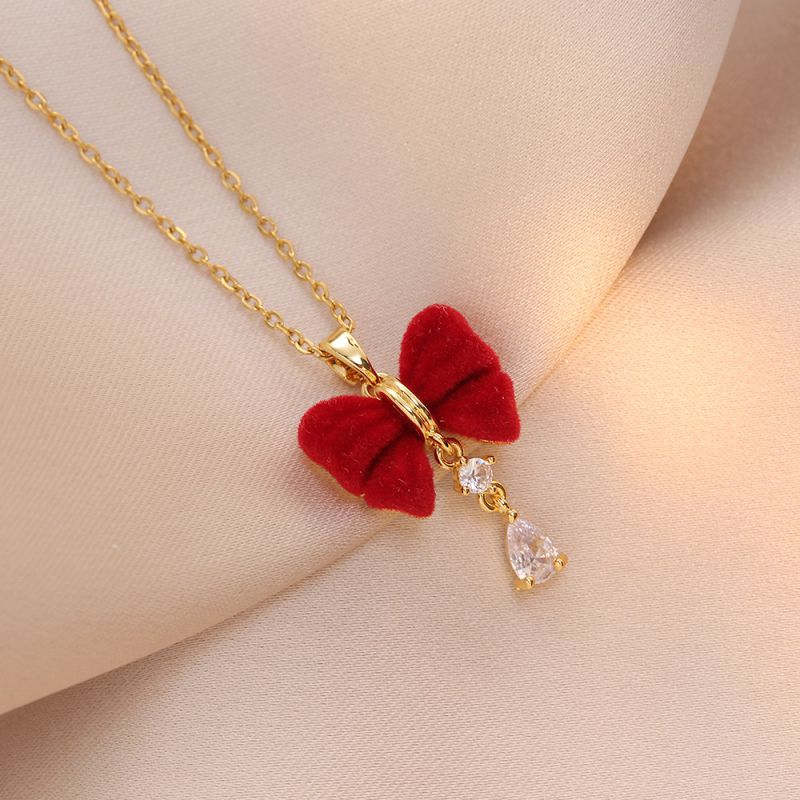 Fashion Red Bow Necklace Titanium Steel Diamond Flocked Bow Necklace