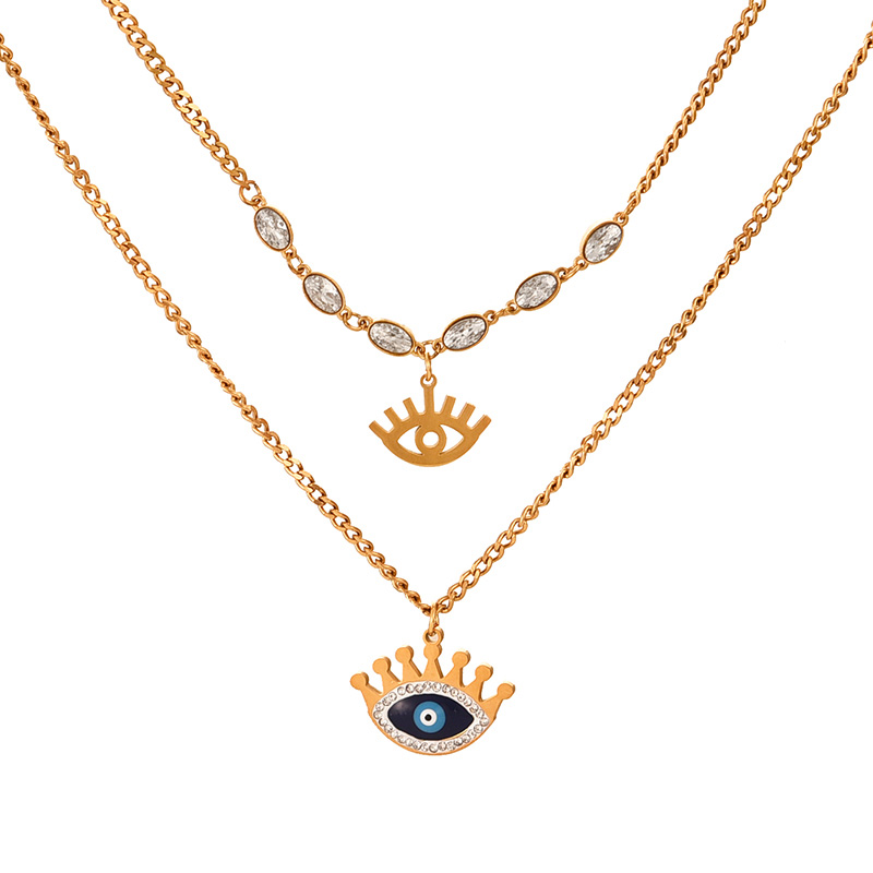 Fashion Gold Double Layer Titanium Steel Inlaid With Zirconium Oil Drop Eye Pendant Necklace