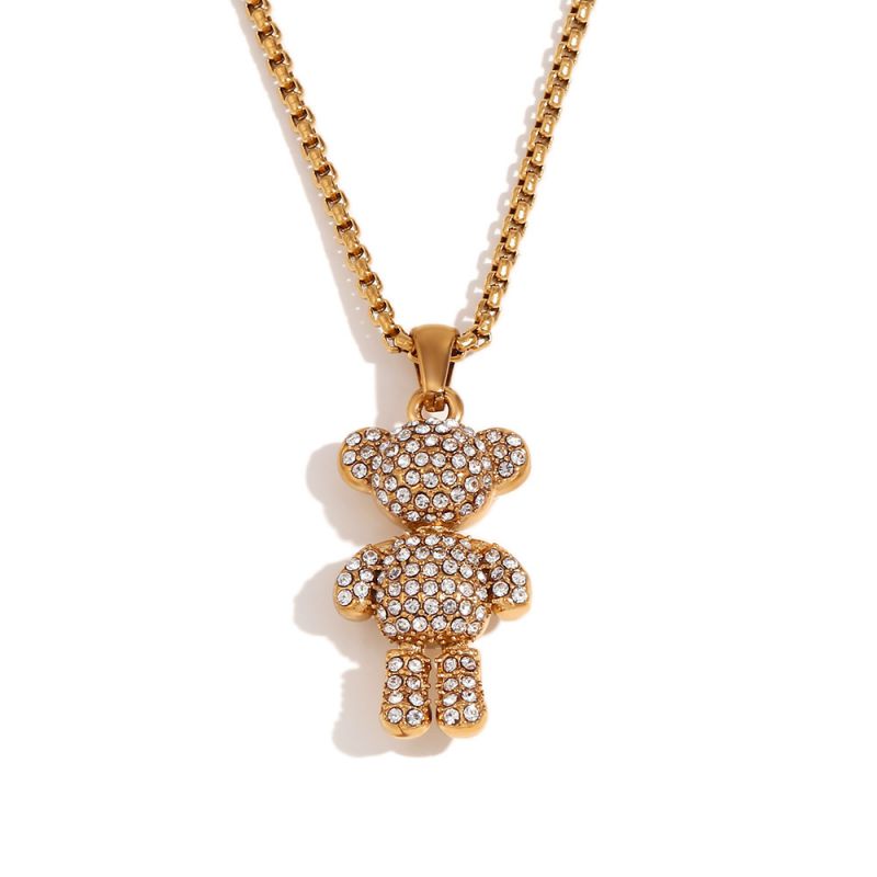Fashion Square Pearl Strand Full Diamond Standing Bear Pendant Necklace - Gold Titanium Steel Gold-plated Diamond Bear Necklace