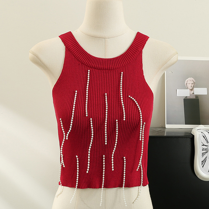 Fashion Red Polyester Halter Neck Off-shoulder Pit Strip Knitted Vest