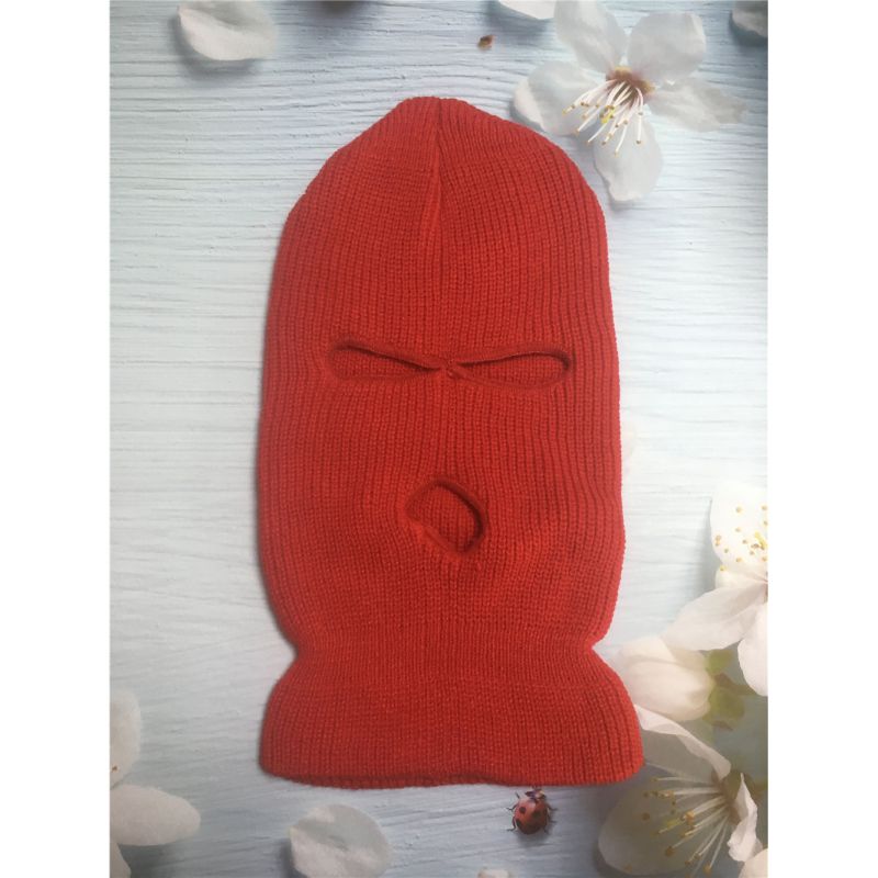 Fashion Red Knitted Hollow Face Mask Beanie