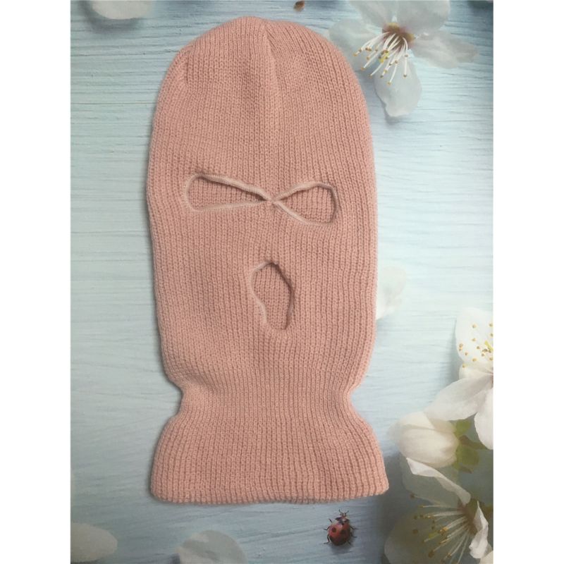 Fashion Pink Knitted Hollow Face Mask Beanie