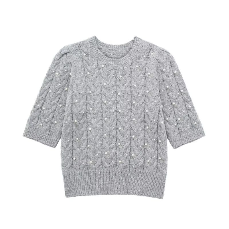 Fashion Grey Faux Pearl Embellished Knitted Crew Neck Sweater