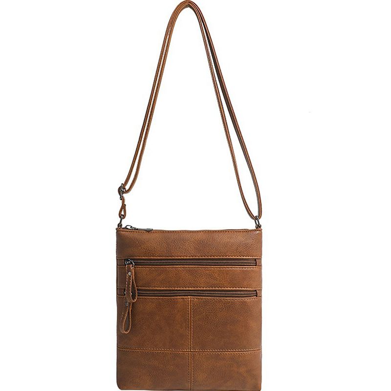 Fashion Brown Pu Double Zipper Soft Leather Crossbody Bag