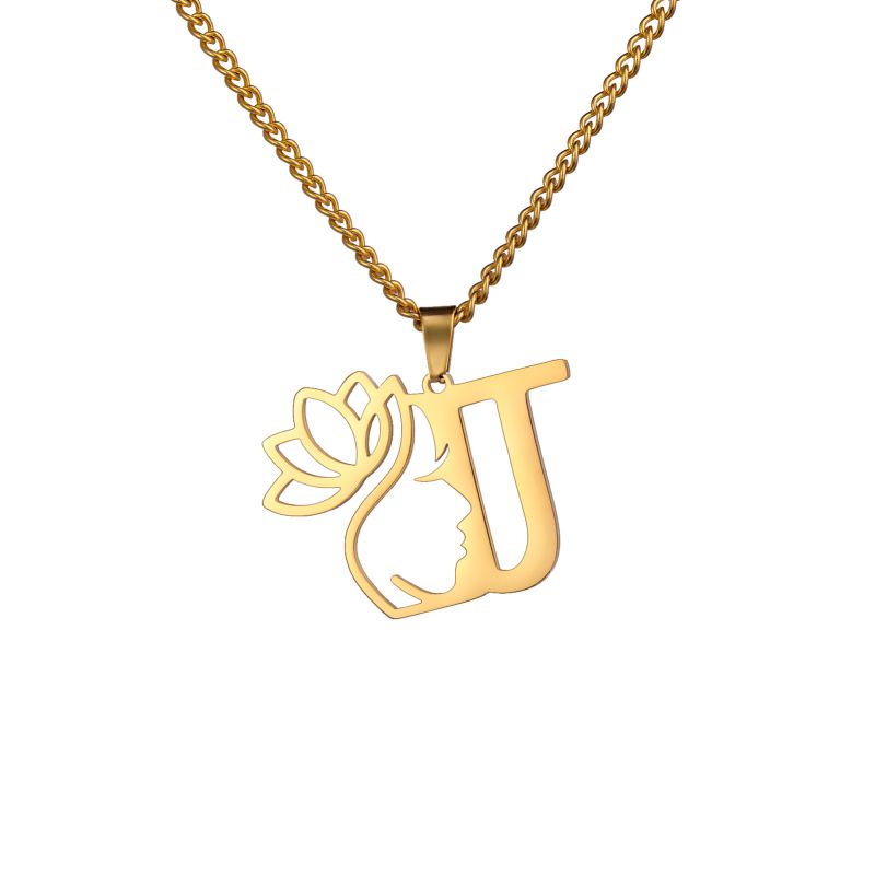 Fashion Golden J Stainless Steel Lotus 26 Letter Necklace