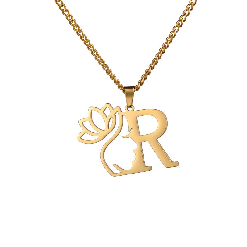 Fashion Golden R Stainless Steel Lotus 26 Letter Necklace