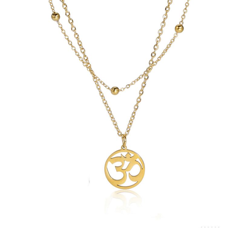 Fashion Golden Aum Yoga-double Bead Chain Stainless Steel Geometric Round Double Layer Mens Necklace