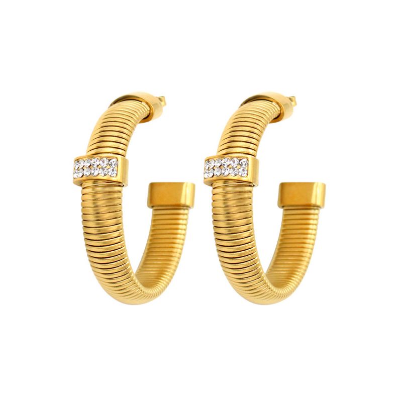 Fashion Earrings 8mm Gold Stainless Steel Diamond Threaded C-shaped Earrings