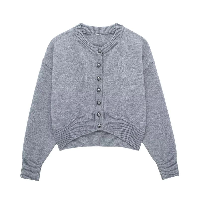 Fashion Grey Buttoned Knitted Sweater Jacket