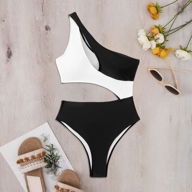 Fashion Black Polyester Colorblock One-shoulder Cutout Swimsuit