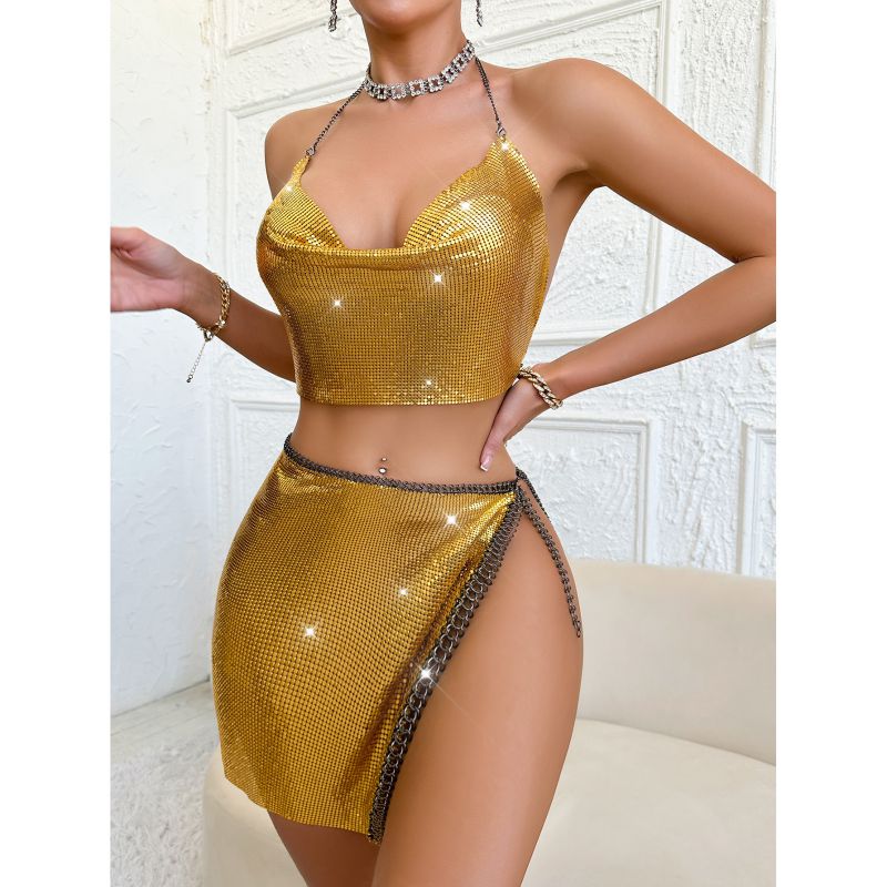 Fashion Gold Metallic Sequin Halter Neck Vest Slit Skirt Suit