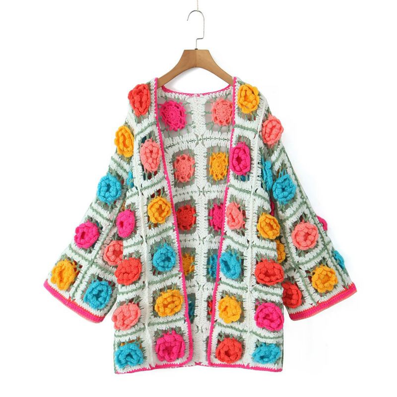 Fashion Color Polyester Three-dimensional Flower Crochet Sweater Jacket