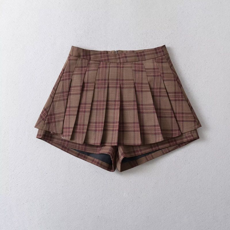 Fashion Plaid Polyester Checked Pleated Shorts