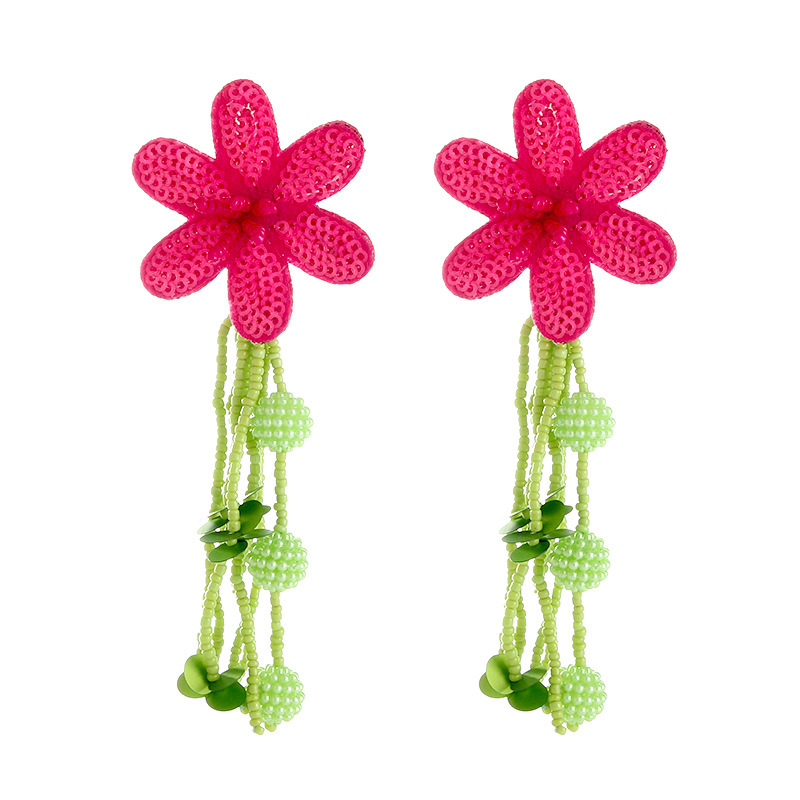 Fashion Beads Pink Rice Beads Beaded Sequin Flower Earrings
