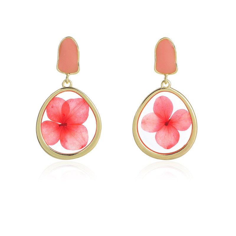 Fashion Pink Alloy Dripping Oil Dried Flower Oval Earrings