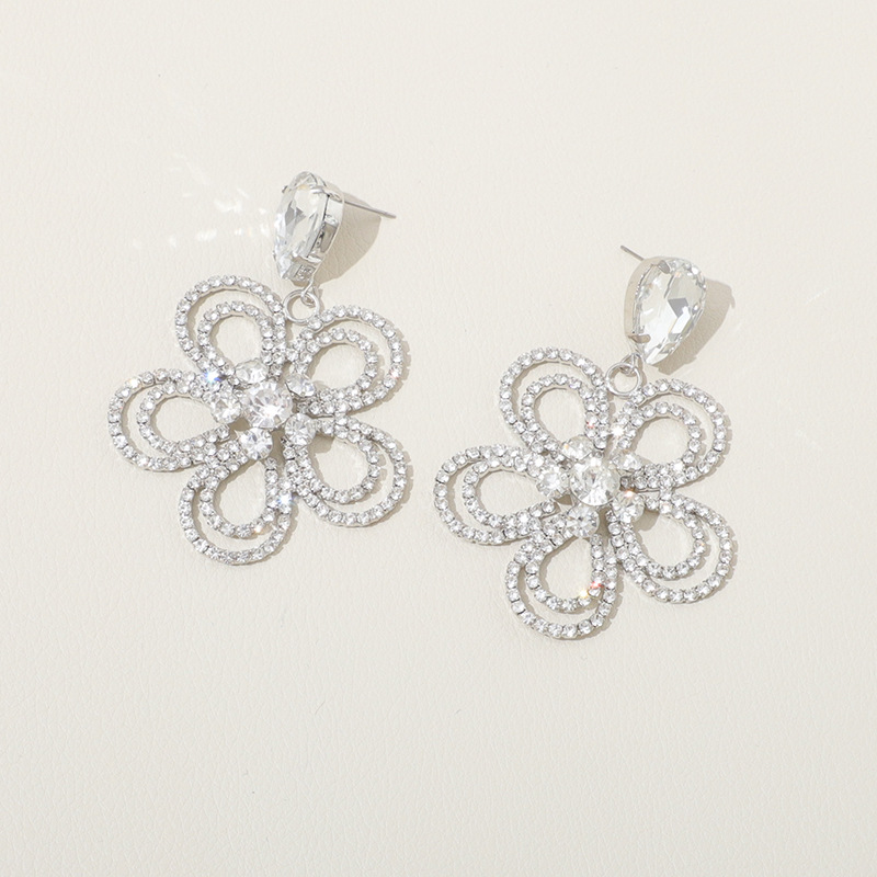 Fashion Silver Geometric Diamond Flower Earrings