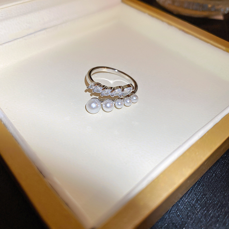 Fashion Ring-silver Pearl Metal Set Zirconium Pearl Open Ring