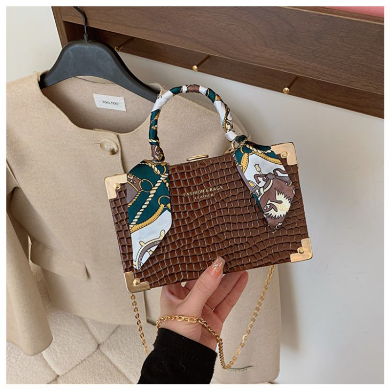 Fashion Coffee Color Pu Texture Silk Scarf Hand-held Crossbody Bag
