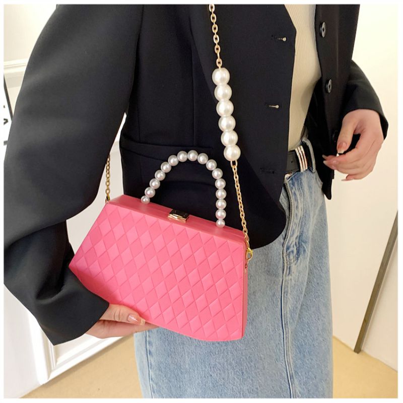 Fashion Pink Pu Diamond Pattern Pearl Hand Crossbody Bag