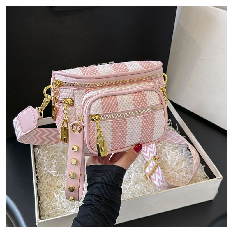 Fashion Pink Pu Plaid Wide Shoulder Strap Crossbody Bag