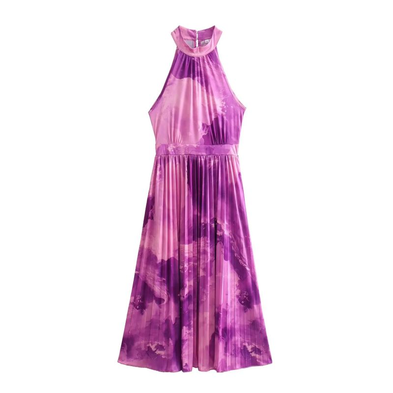 Fashion Purple Tie-dye Printed Halterneck Long Skirt