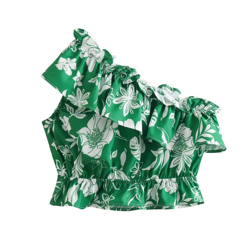 Fashion Green Polyester Printed Ruffled One-shoulder Top