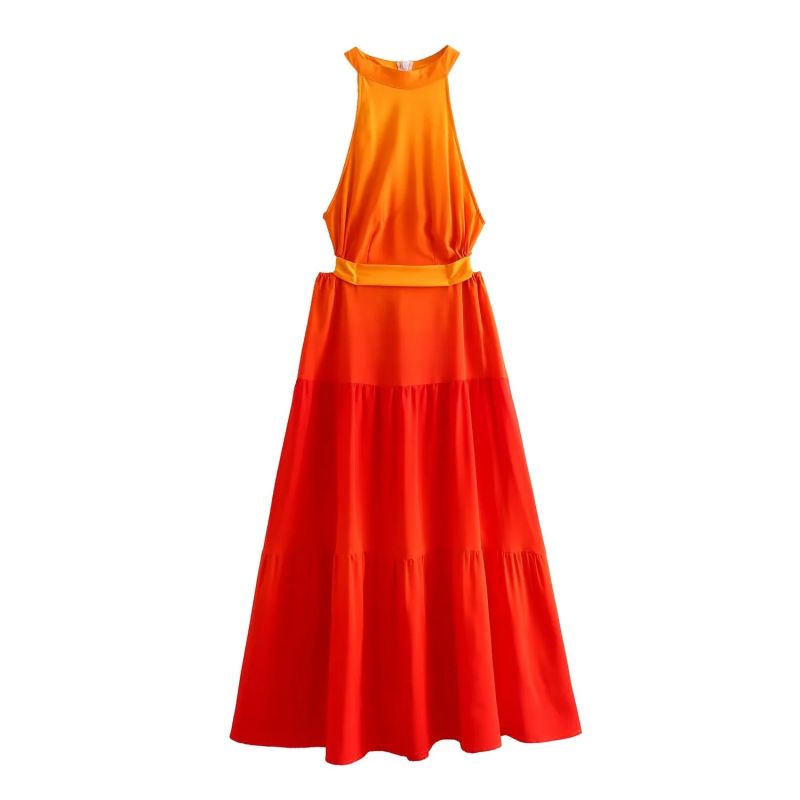 Fashion Orange Polyester Gradient Halterneck Long Skirt