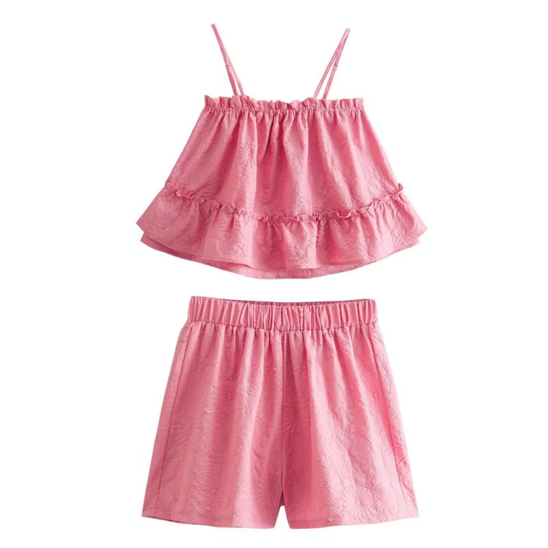 Fashion Pink Polyester Laminated Suspender Shorts Set