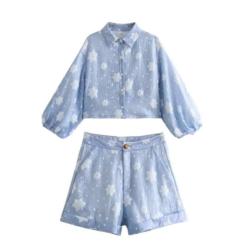 Fashion Blue Snowflake Texture Lapel Button-down Shirt And Shorts Suit