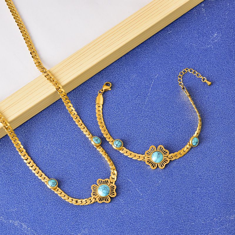 Fashion Necklace+bracelet Titanium Steel Blue Pine Hollow Flower Necklace Bracelet Set