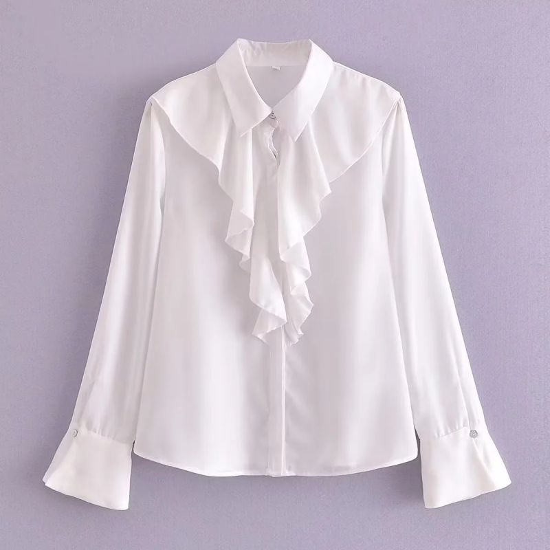 Fashion White Polyester Laminated Lapel Button-down Shirt