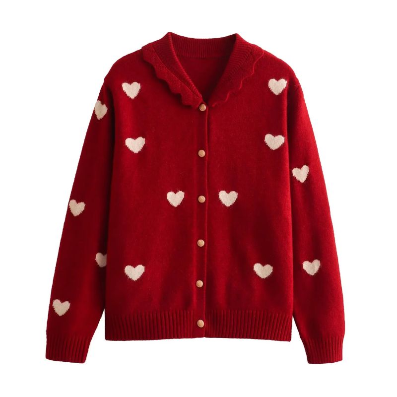 Fashion Red Love Jacquard Knitted Cardigan