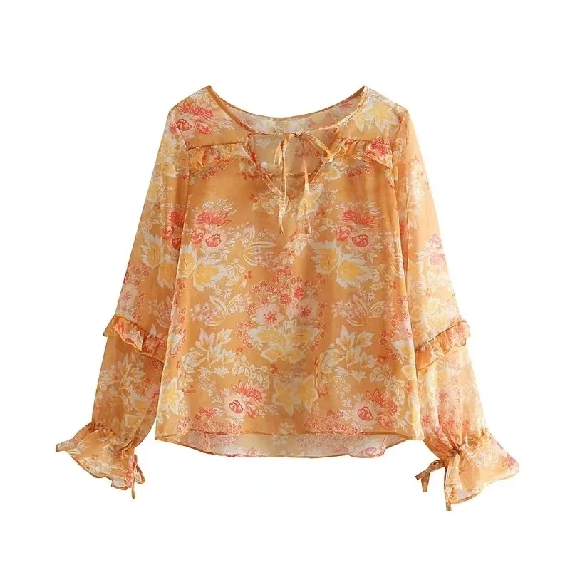 Fashion Yellow Silk Satin Lace-up Printed Shirt