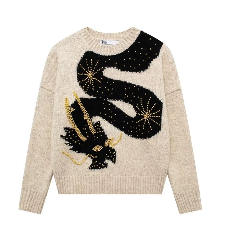 Fashion Beige Beaded Dragon Jacquard Knit Crew Neck Sweater