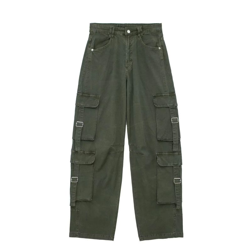 Fashion Gray Green Blend Multi-pocket Straight-leg Trousers